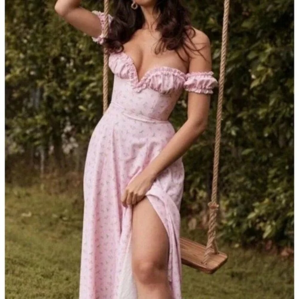 House of CB Pink Off-Shoulder Ruffled Midi Dress